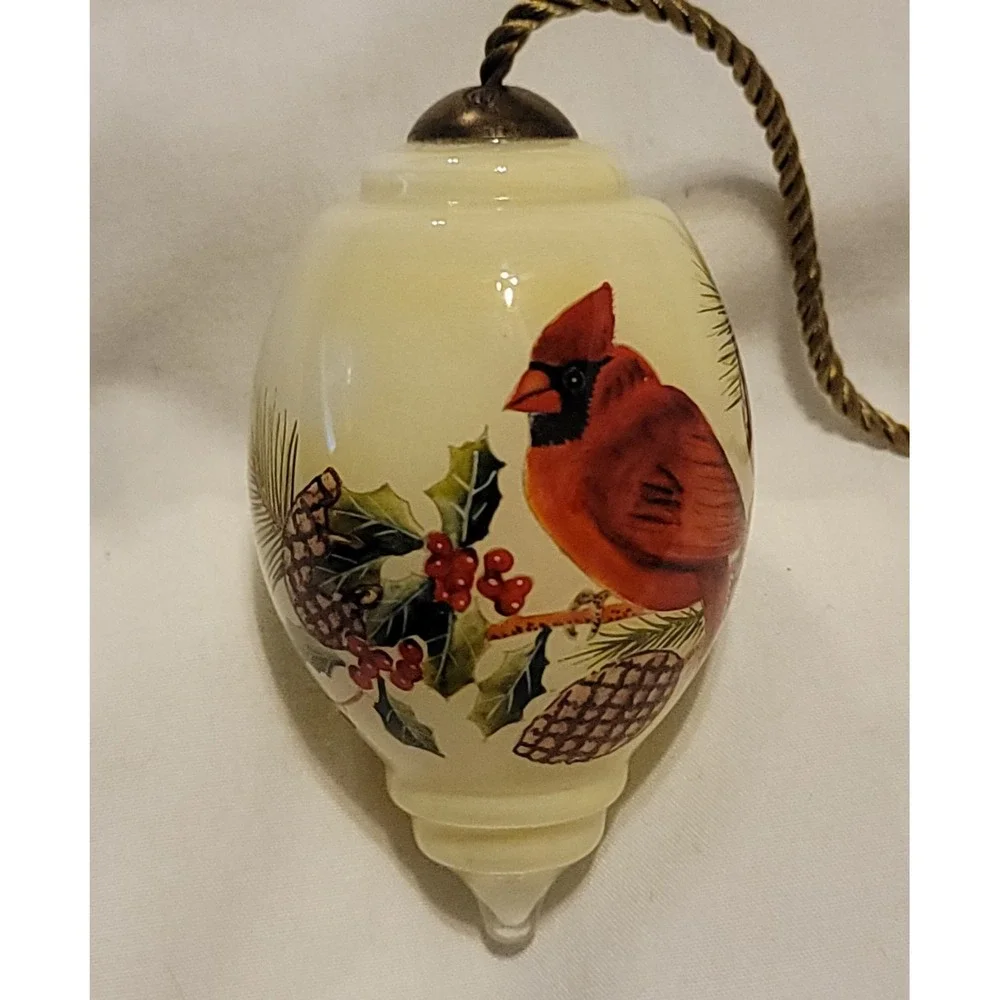 Ne'Qwa Art Hand Blown Glass Reverse Painted Cardinal, Holly, Pine Cones Ornament